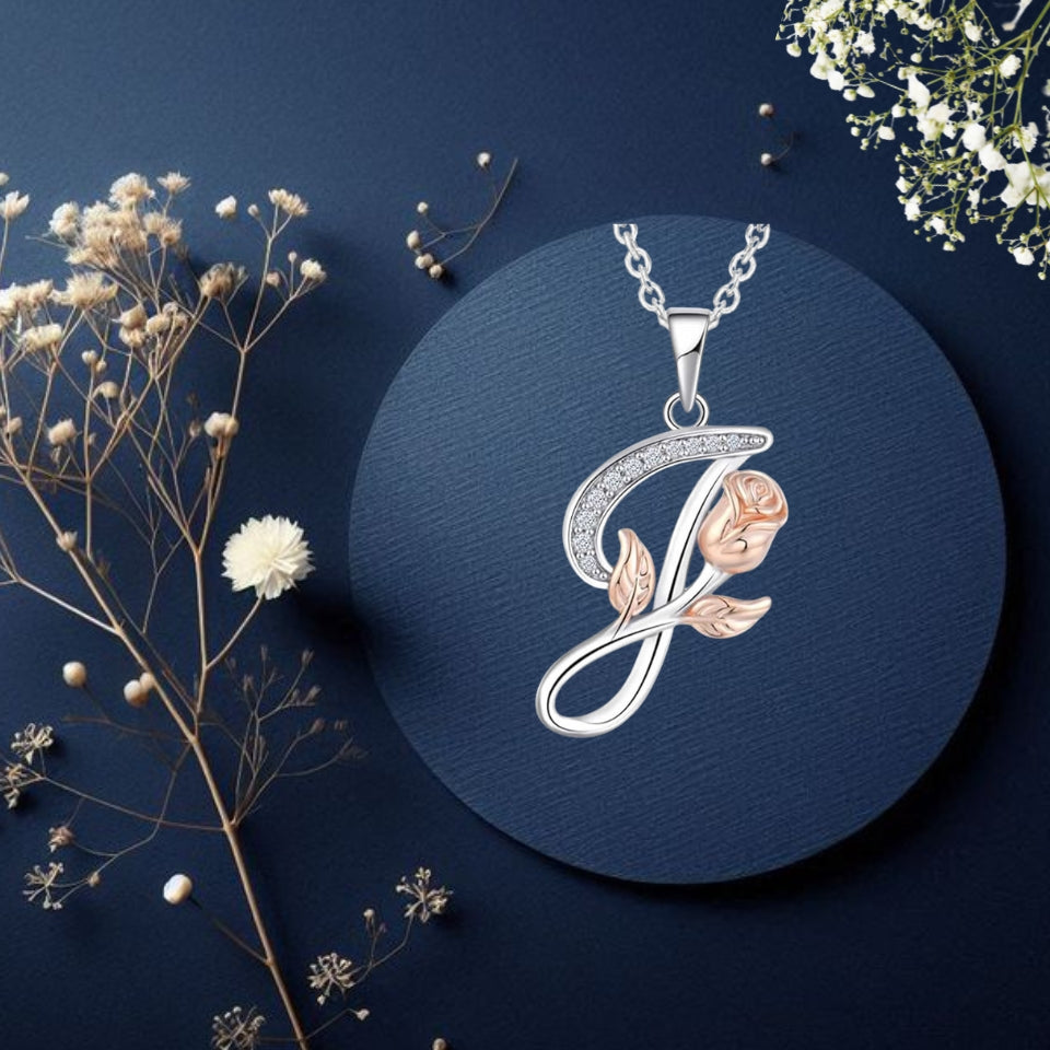 Initial Alphabet Rose Pendant Necklace