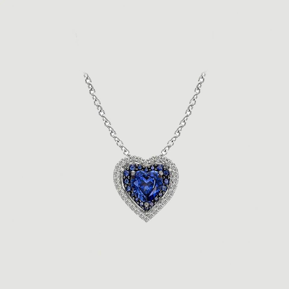 Blue Sapphire Double Heart Pendant Necklace